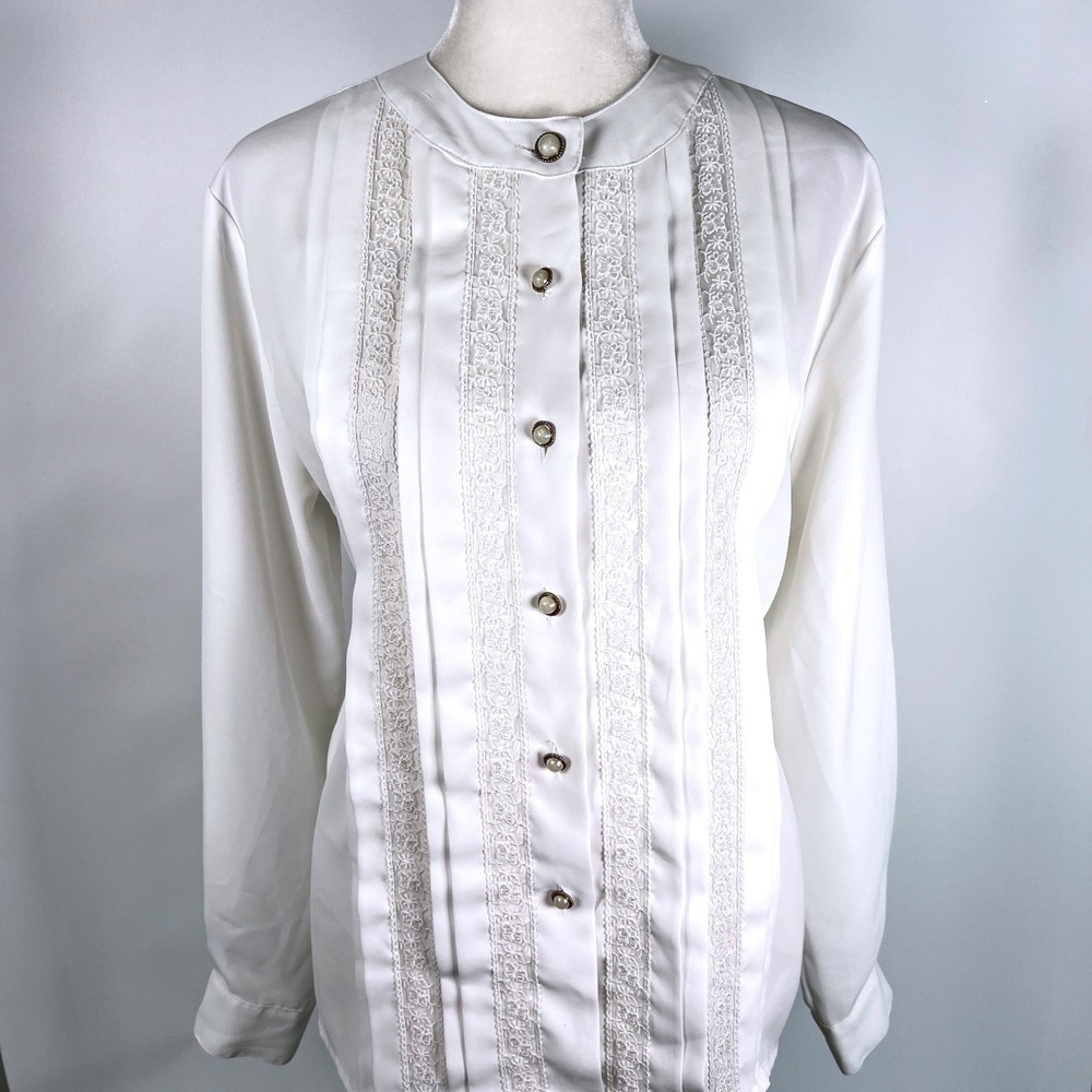 Christie & Jill White Butterfly Lace Pintuck Pearl Button Blouse Size 8P Vtg